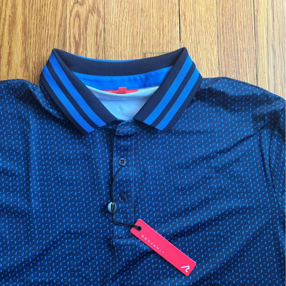 Redvanly Pascal Polo Midnight Navy Geometric Print Golf Athletic Men's Large NWT - Picture 2 of 10